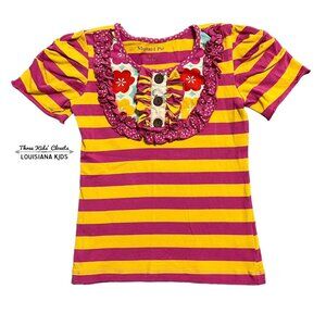 Mustard Pie Sz 5 Pink & Yellow Striped Floral Ruffle Top